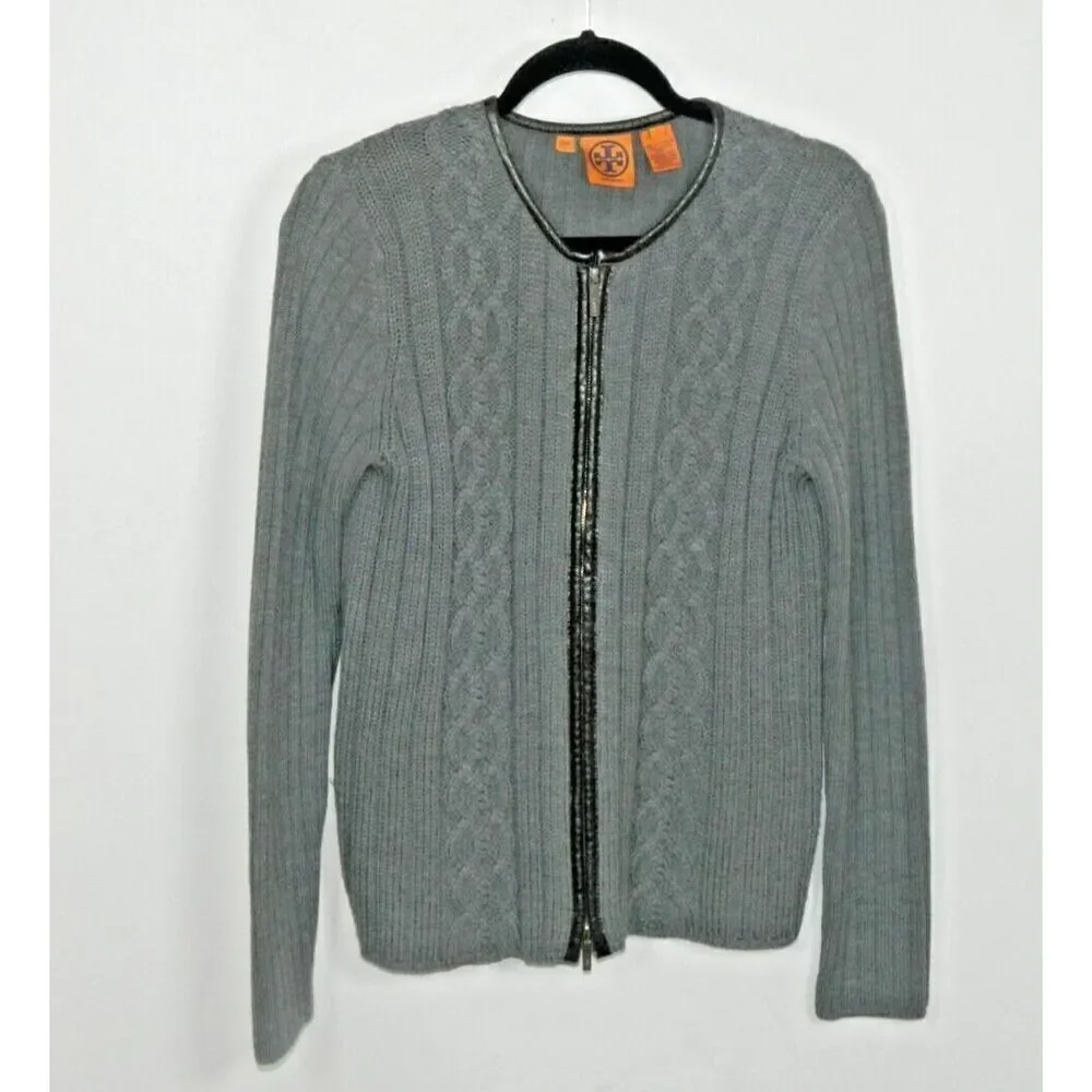 Tory Burch Sweater Cardigan Size Large Gray Wool‎ Leather Trim Round Neck Zip Up